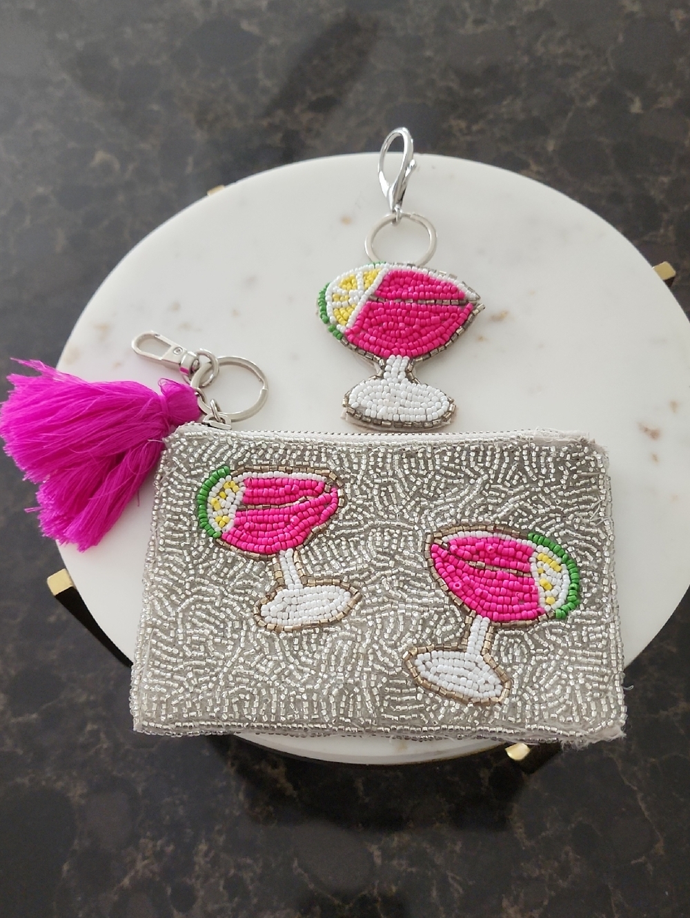 Beaded Pink Cocktail  with Tassel Keychain